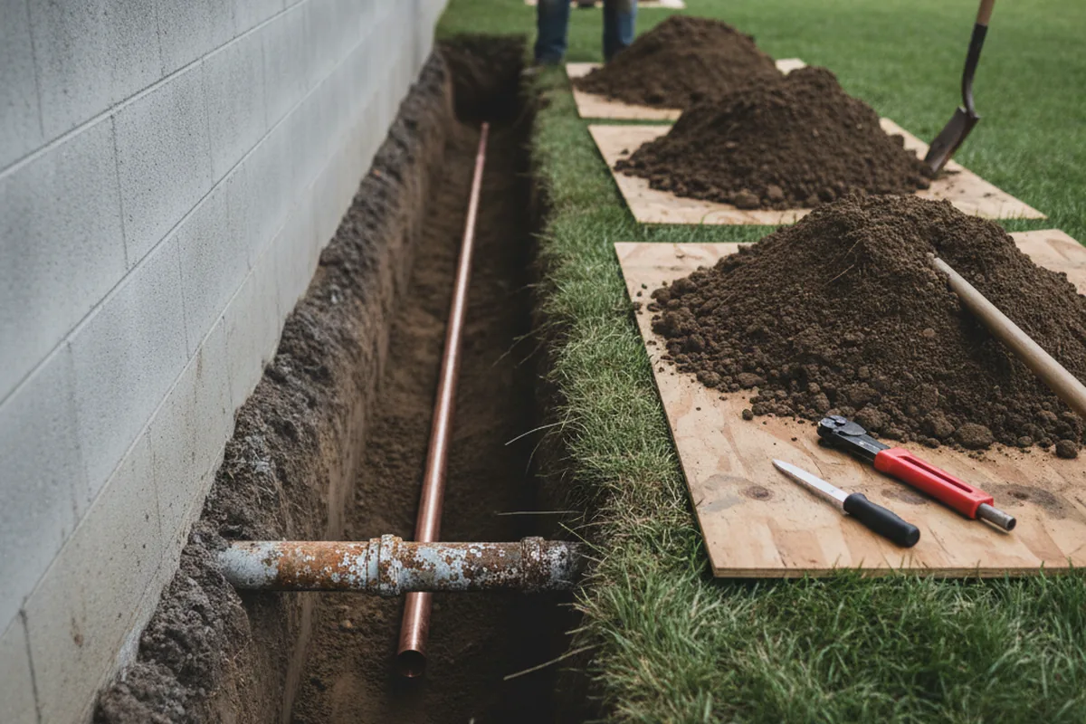 Excavated water line trench during Water Softener Installation in Elwood